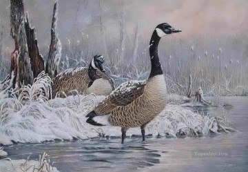 鳥 Painting - 雪が降る湖の鳥